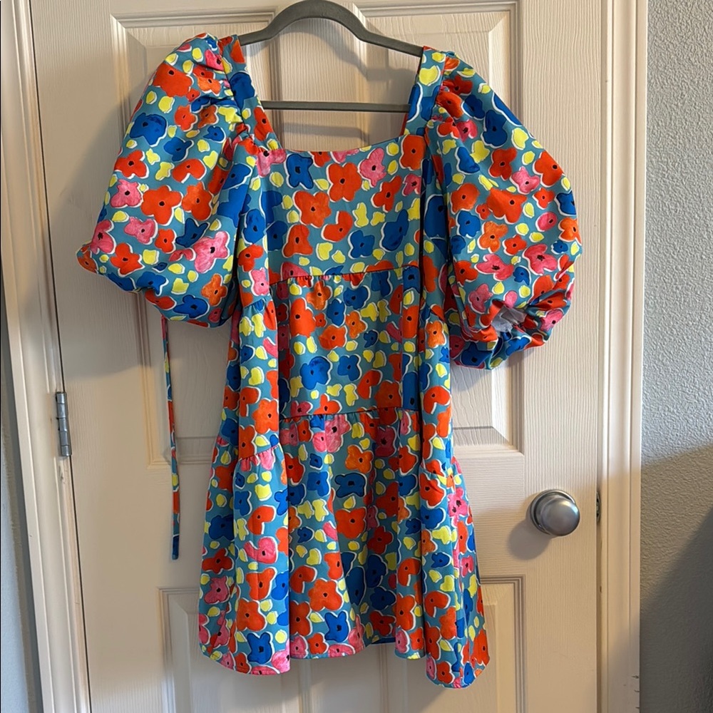 Nasty Gal Orange and Blue Puff Sleeve A-Line Dress